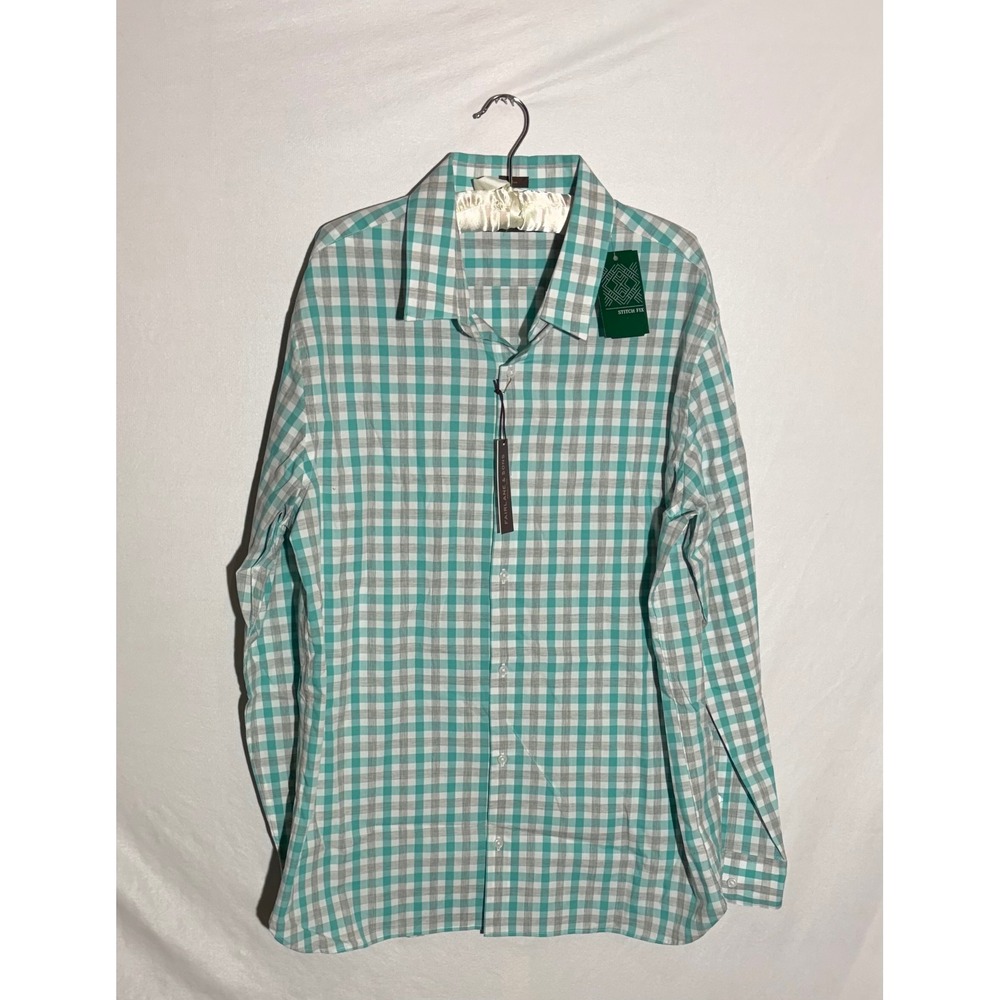 Fairlane & Sons Mens XXL Slim Fit‎ Gingham Shirt Teal Grey Wrinkle Free Cotton